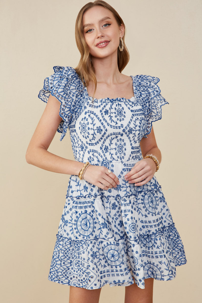 Eyelet Embroidered Scalloped Ruffle Dress