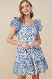 HY9319W Blue Plus Eyelet Embroidered Scalloped Ruffle Dress Front