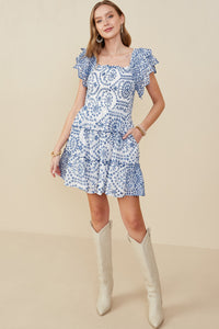 HY9319 Red Womens Eyelet Embroidered Scalloped Ruffle Dress Full Body