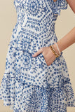 HY9319 Blue Womens Eyelet Embroidered Scalloped Ruffle Dress Full Body