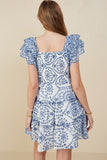 HY9319 Blue Womens Eyelet Embroidered Scalloped Ruffle Dress Detail