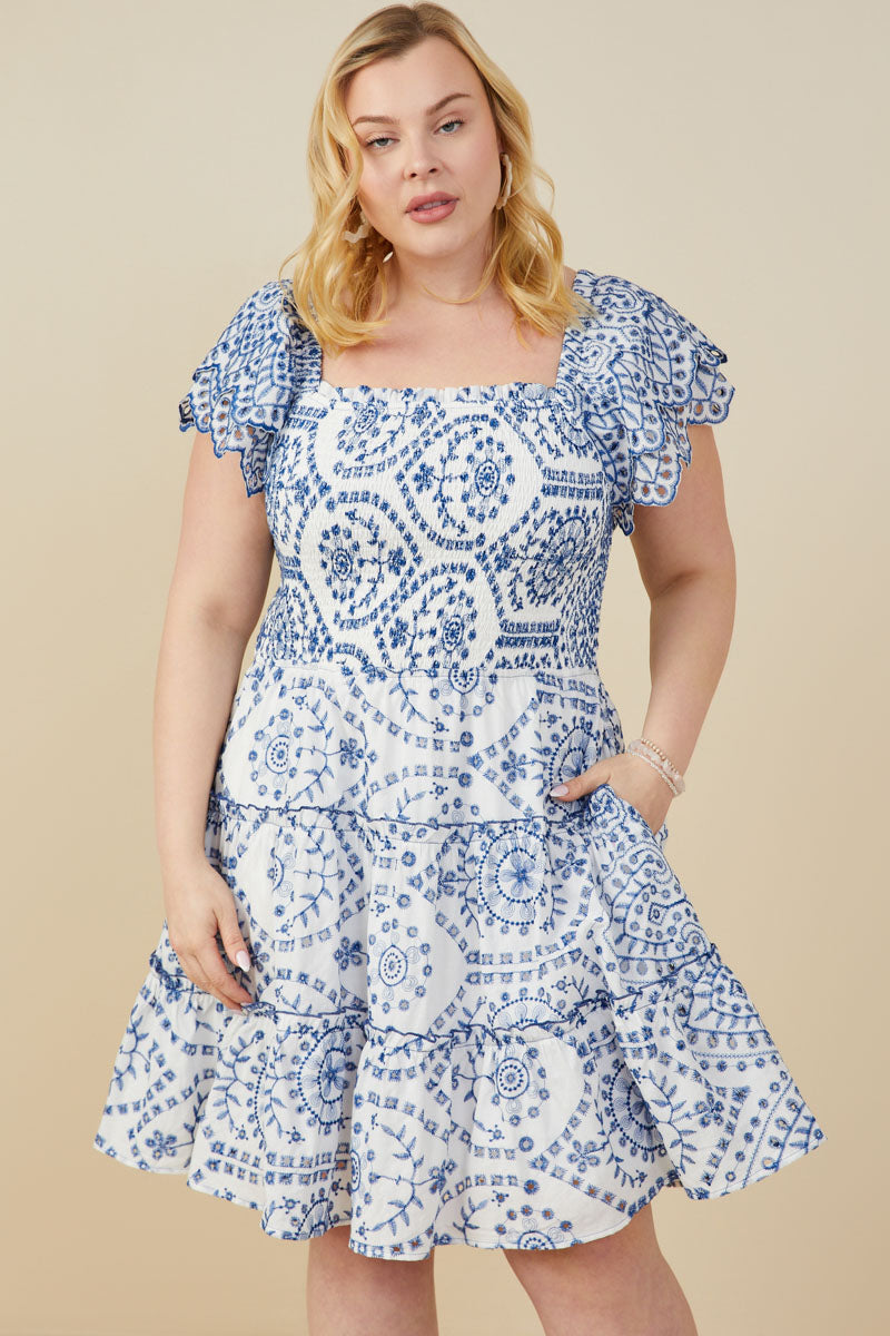 Eyelet Embroidered Scalloped Ruffle Dress