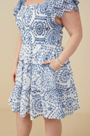 HY9319W Blue Plus Eyelet Embroidered Scalloped Ruffle Dress Front