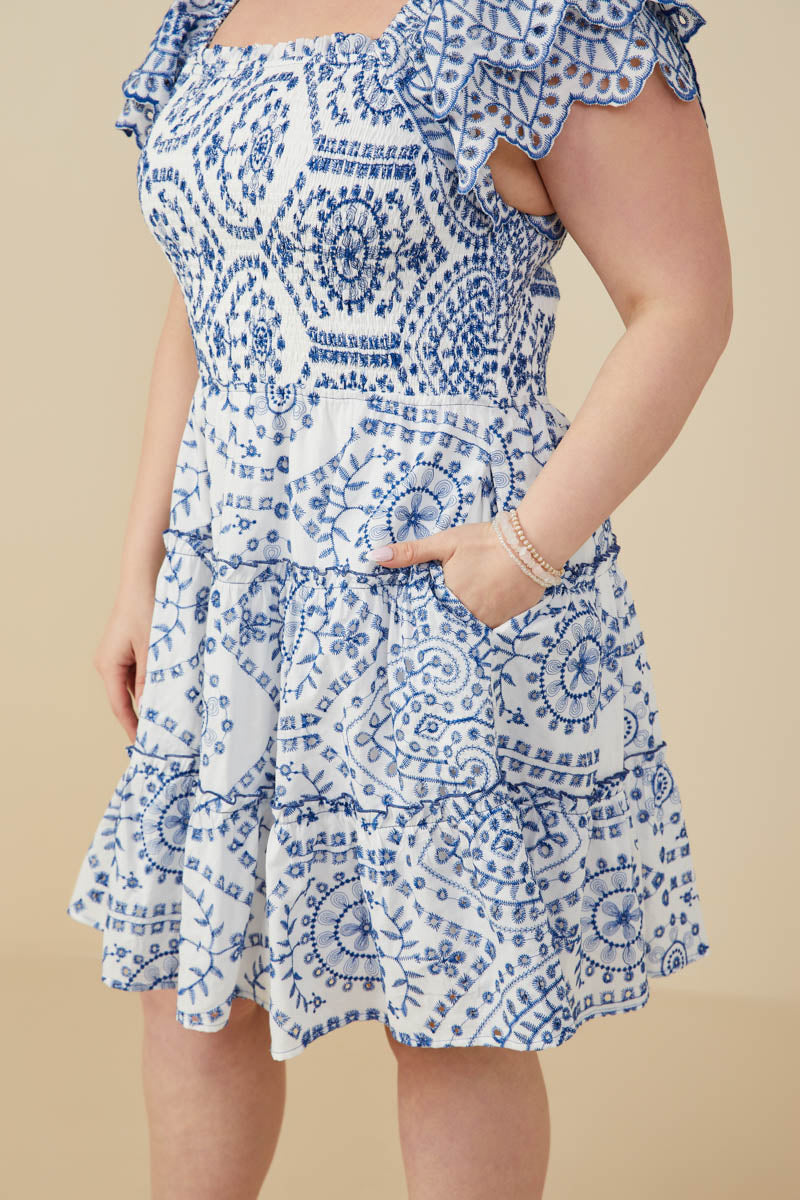 HY9319W Blue Plus Eyelet Embroidered Scalloped Ruffle Dress Front