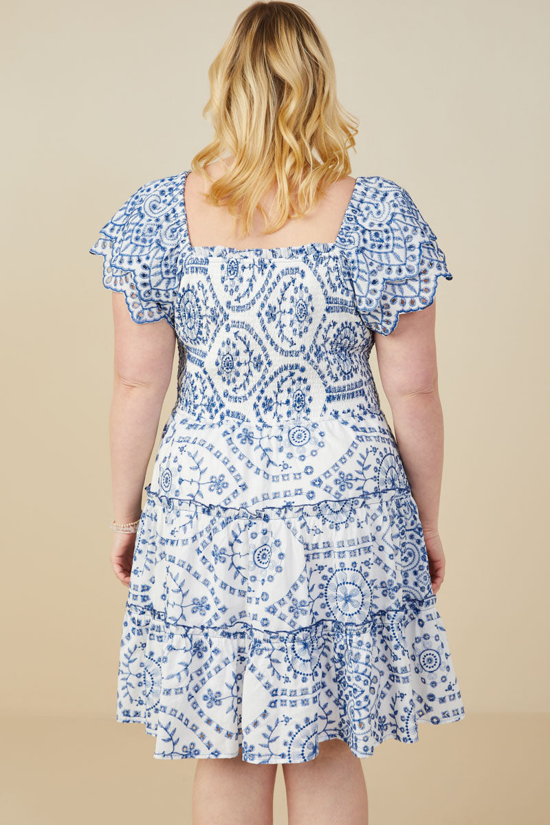 HY9319 Blue Womens Eyelet Embroidered Scalloped Ruffle DressGif