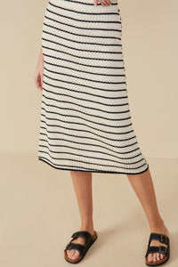 HY9327 Oatmeal Womens Contrast Piped Textured Stripe Knit Skirt Front