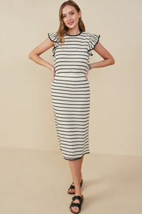 HY9327 Oatmeal Womens Contrast Piped Textured Stripe Knit Skirt Back