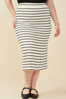 HY9327W Oatmeal Plus Contrast Piped Textured Stripe Knit Skirt Front