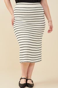 HY9327W Oatmeal Plus Contrast Piped Textured Stripe Knit Skirt Front