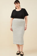 HY9327W Oatmeal Plus Contrast Piped Textured Stripe Knit Skirt Side