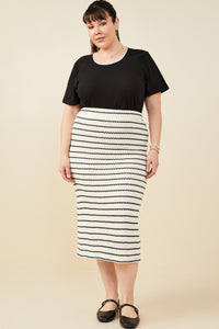 HY9327W Oatmeal Plus Contrast Piped Textured Stripe Knit Skirt Side