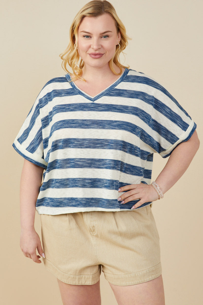 Heathered Stripe V Neck Knit Top