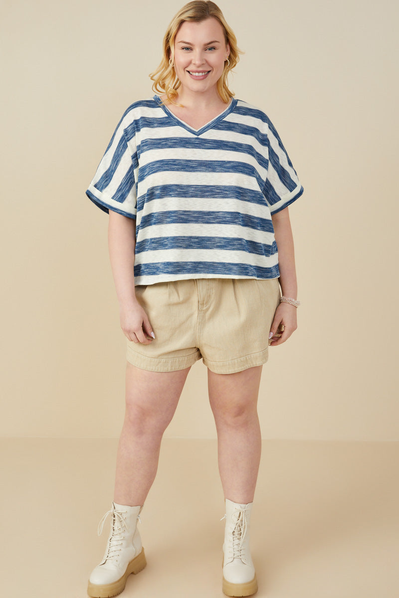 HY9328W Charcoal Plus Heathered Stripe V Neck Knit Top Gif