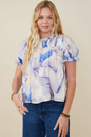 HY9347 Blue Womens Watercolor Print Ruffle Detail Smocked Top Front