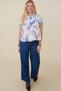 HY9347 Blue Womens Watercolor Print Ruffle Detail Smocked Top Gif