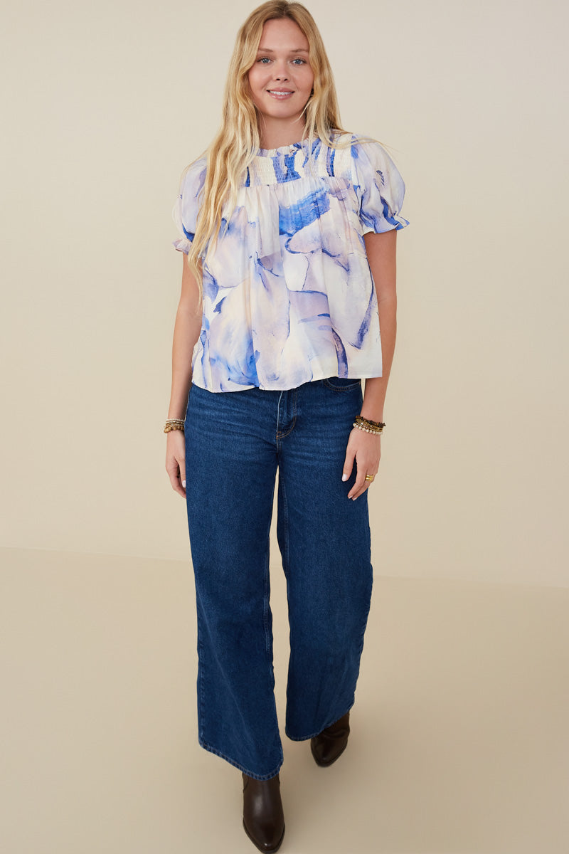 HY9347 Blue Womens Watercolor Print Ruffle Detail Smocked Top Gif