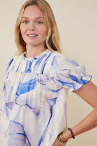 HY9347 Blue Womens Watercolor Print Ruffle Detail Smocked Top Full Body