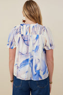HY9347 Blue Womens Watercolor Print Ruffle Detail Smocked Top Side