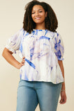 HY9347W Blue Plus Watercolor Print Ruffle Detail Smocked Top Front