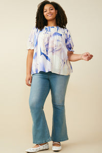 HY9347 Blue Womens Watercolor Print Ruffle Detail Smocked Top Back