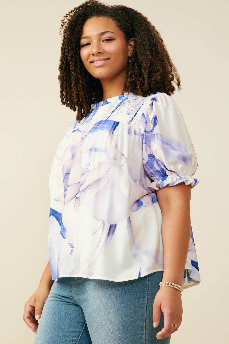 HY9347W Blue Plus Watercolor Print Ruffle Detail Smocked Top Gif