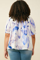 HY9347W Blue Plus Watercolor Print Ruffle Detail Smocked Top Full Body