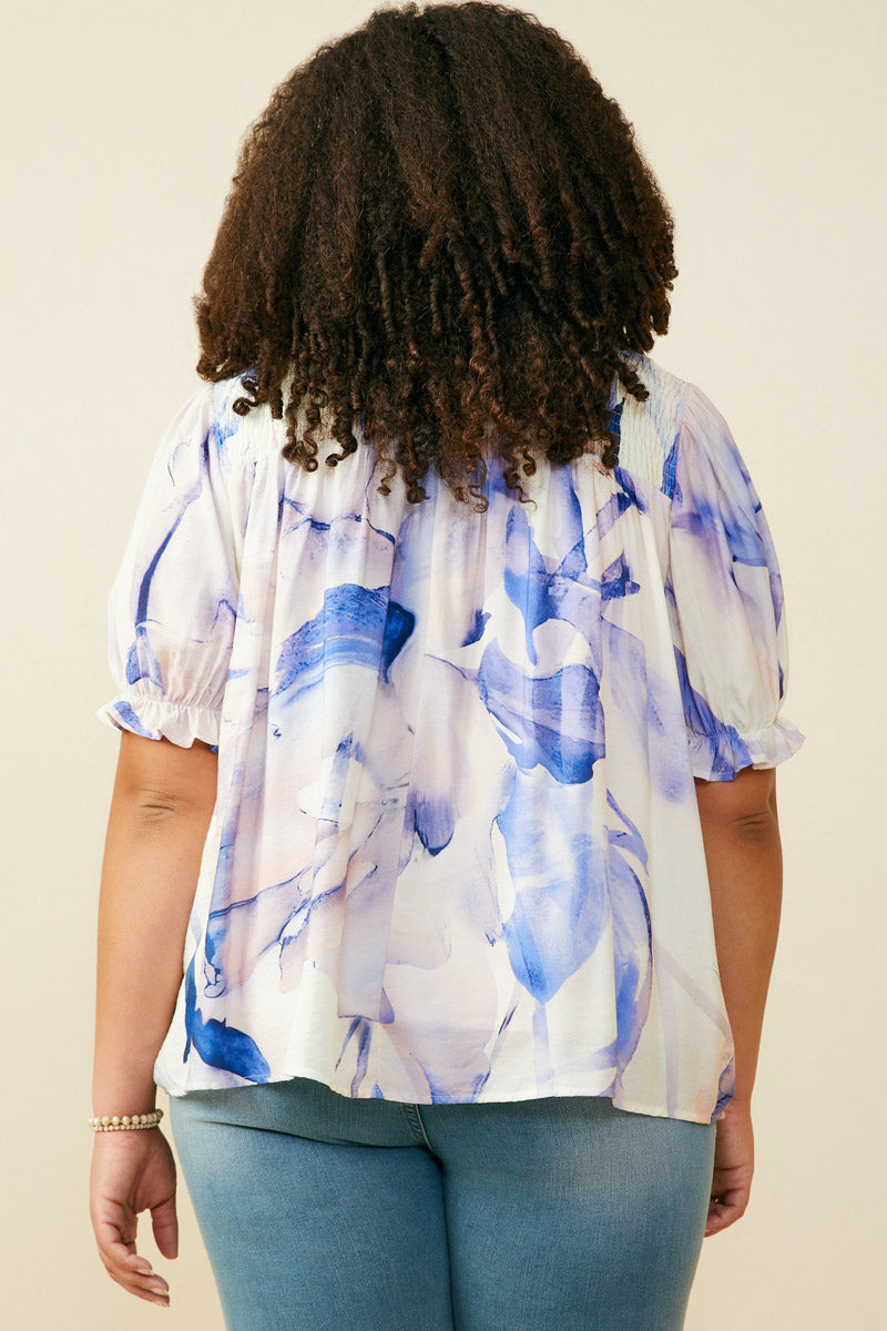 HY9347W Blue Plus Watercolor Print Ruffle Detail Smocked Top Full Body