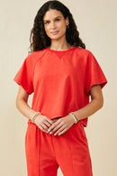 HY9358 Black Womens Washed Short Sleeve Knit Sweatshirt Front