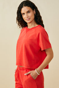 HY9358 Black Womens Washed Short Sleeve Knit Sweatshirt Full Body