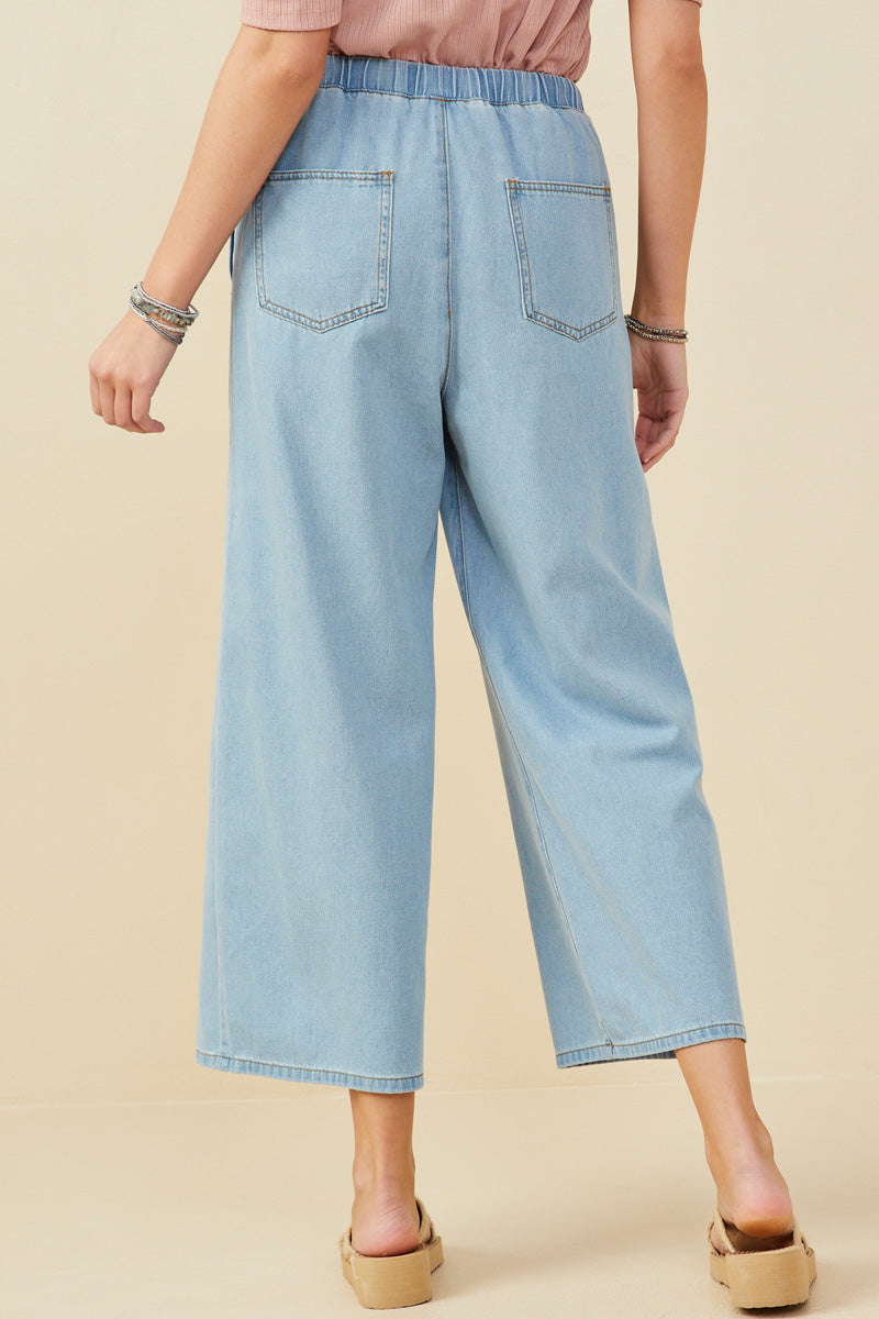 HY9360 Denim Womens Wide Leg Drawstring Waist Denim Pants Side