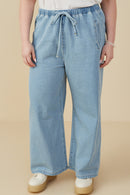 HY9360W Denim Plus Wide Leg Drawstring Waist Denim Pants Front