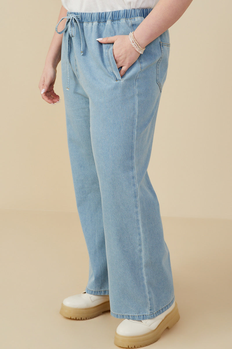 HY9360 Denim Womens Wide Leg Drawstring Waist Denim Pants Full Body