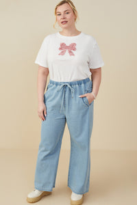 HY9360W Denim Plus Wide Leg Drawstring Waist Denim Pants Side