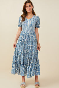 HY9364W Blue Plus Print Block Botanical Smocked V Neck Dress Pose