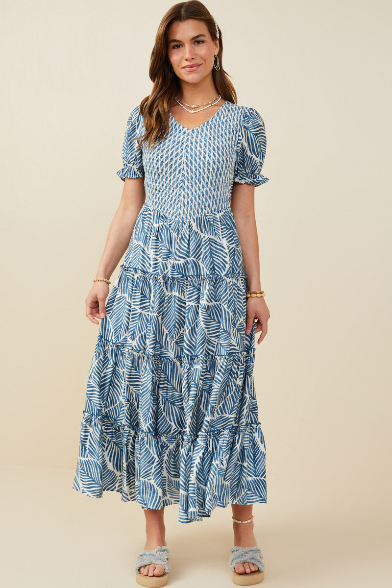 Print Block Botanical Smocked V Neck Dress