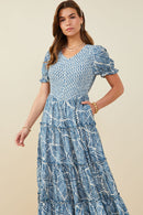 HY9364 Blue Womens Print Block Botanical Smocked V Neck Dress Gif