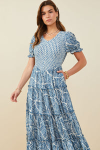 HY9364 Blue Womens Print Block Botanical Smocked V Neck Dress Gif