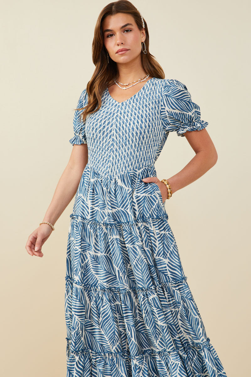 HY9364 Blue Womens Print Block Botanical Smocked V Neck Dress Gif