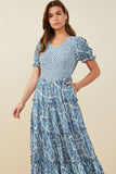 HY9364 Blue Womens Print Block Botanical Smocked V Neck Dress Gif