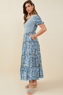 HY9364 Blue Womens Print Block Botanical Smocked V Neck Dress Front