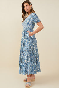 HY9364 Blue Womens Print Block Botanical Smocked V Neck Dress Front