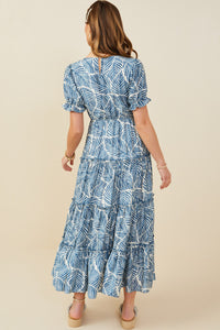 HY9364 Blue Womens Print Block Botanical Smocked V Neck Dress Side