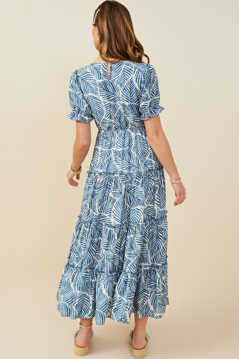 HY9364 Blue Womens Print Block Botanical Smocked V Neck Dress Side