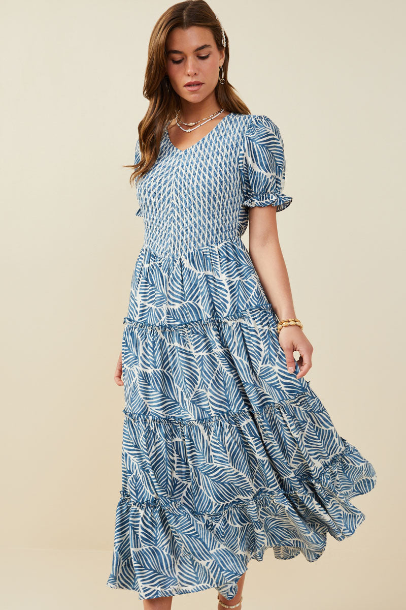 HY9364 Blue Womens Print Block Botanical Smocked V Neck Dress Back