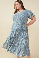 HY9364 Blue Womens Print Block Botanical Smocked V Neck Dress Full Body