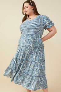 HY9364 Blue Womens Print Block Botanical Smocked V Neck Dress Full Body