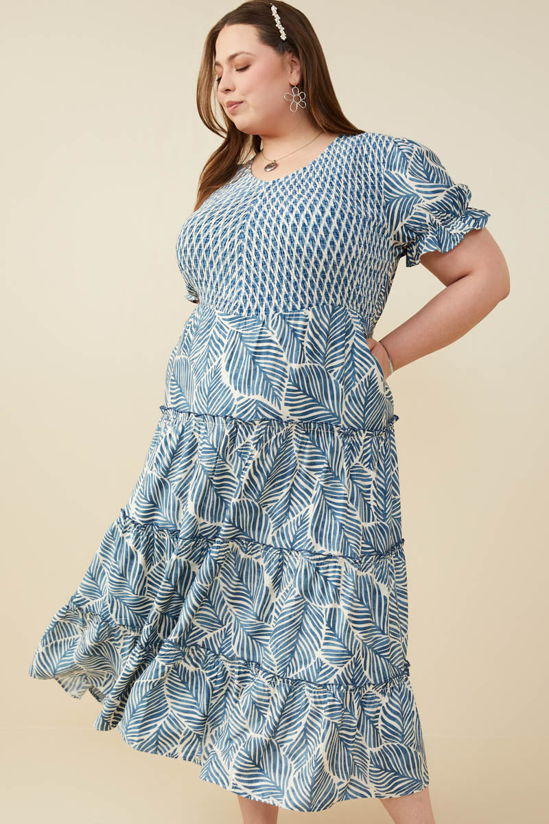 Print Block Botanical Smocked V Neck Dress