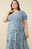 HY9364 Blue Womens Print Block Botanical Smocked V Neck Dress Front 2