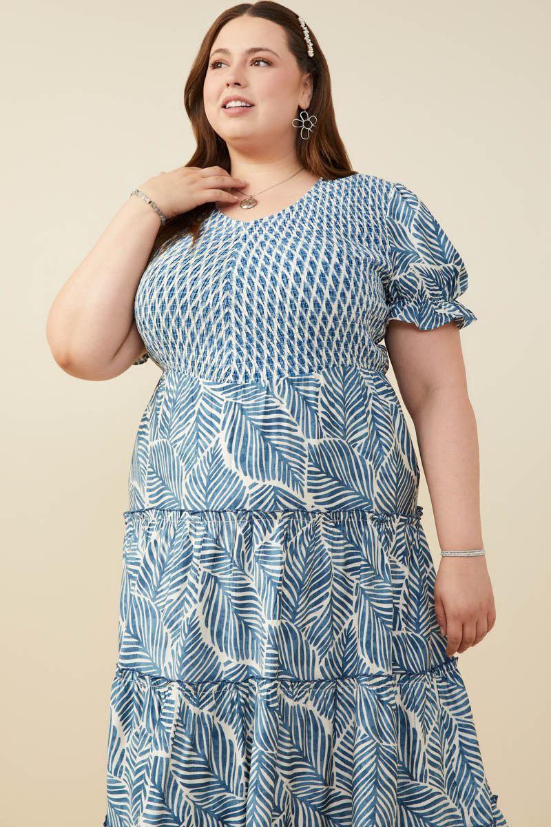 HY9364 Blue Womens Print Block Botanical Smocked V Neck Dress Front 2