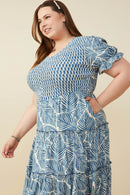 HY9364W Blue Plus Print Block Botanical Smocked V Neck Dress Gif